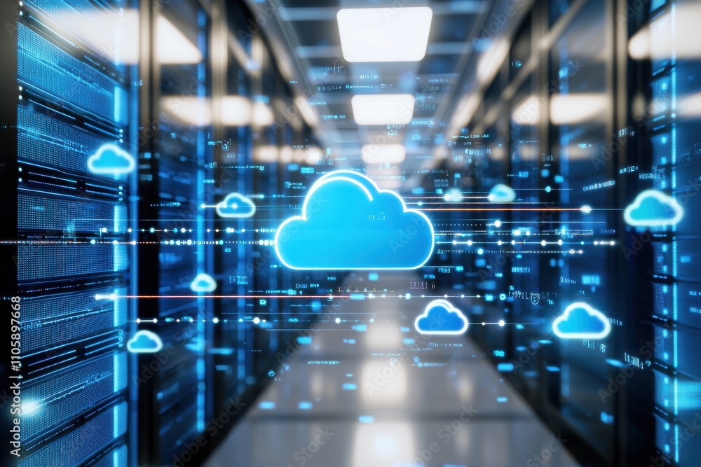 Poster futuristic data center with cloud computing technology concept