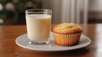 Glass of milk sitting next to a muffin on a plate for breakfast