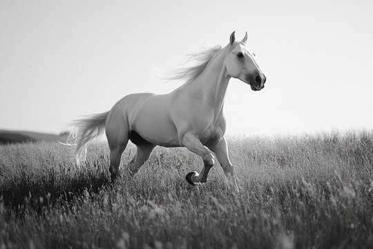 White horse galloping in a field at sunset in black and white