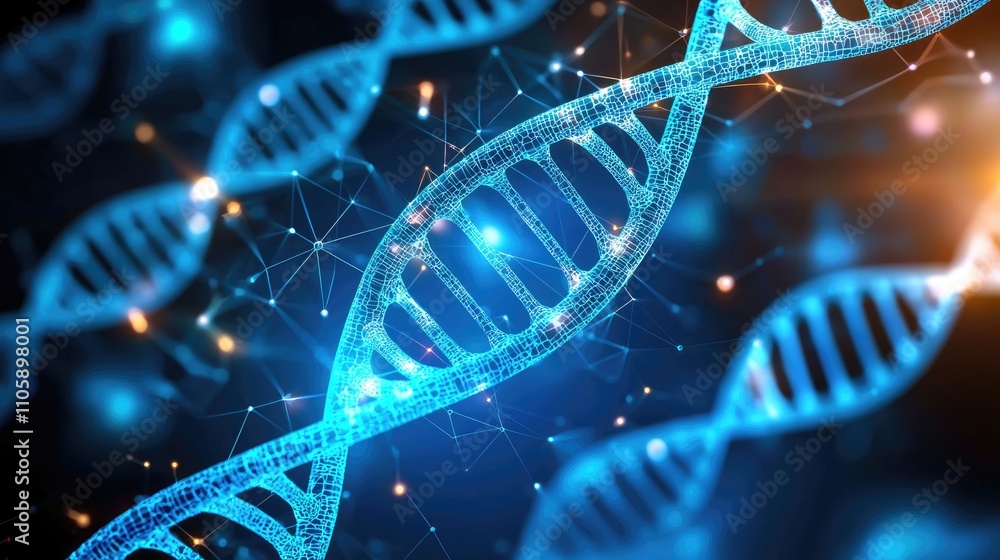 Aufkleber futuristic representation of dna structure with glowing blue molecular chains and digital nodes in a