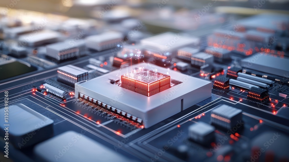 Poster futuristic microchip and circuit board with glowing components
