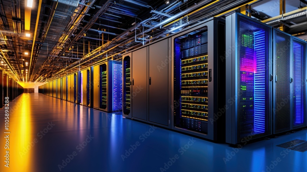 Poster futuristic data center with colorful server racks and led lights