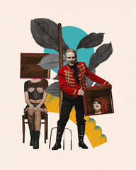 Magician in red military-style jacket performing trick with head-in-box illusion, assisted by...