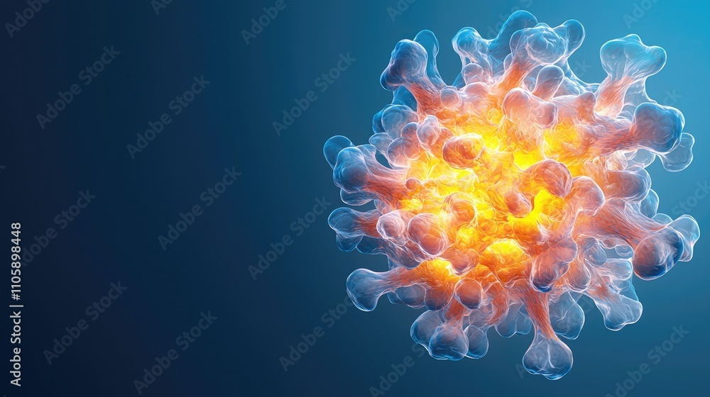 Poster abstract representation of a colorful virus with bright orange and yellow elements against a deep bl