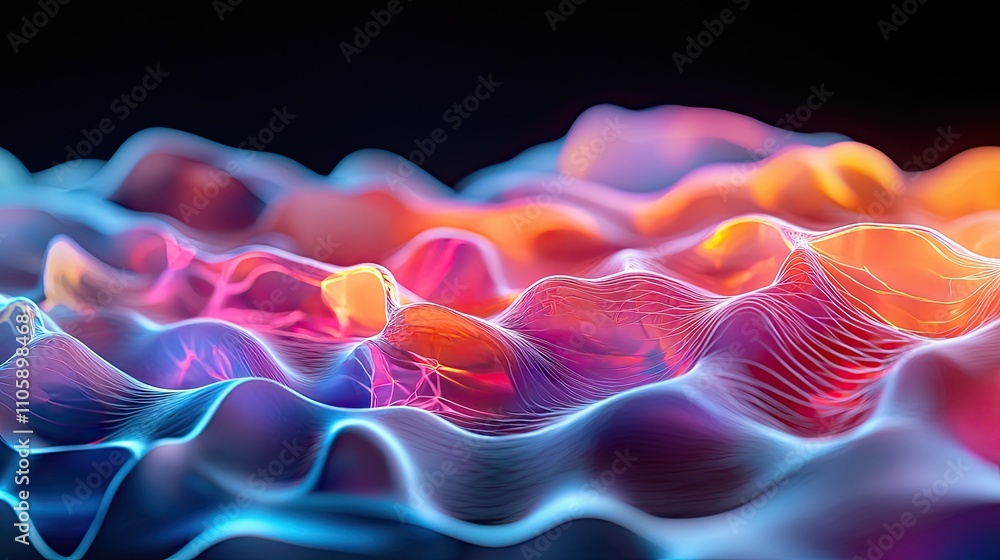Poster abstract digital landscape of colorful waves and fluid lines in a vibrant, futuristic style with a b