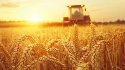 Golden wheat field with tractor during sunset