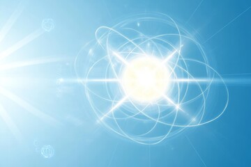 Bright and Energetic Concept of Atomic Structure Surrounded by Radiant Light and Soft Blue Background Illustrating Modern Scientific Ideas and Innovation