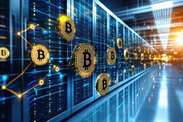 Digital Cryptocurrency Network with Bitcoin Symbols and Data Servers