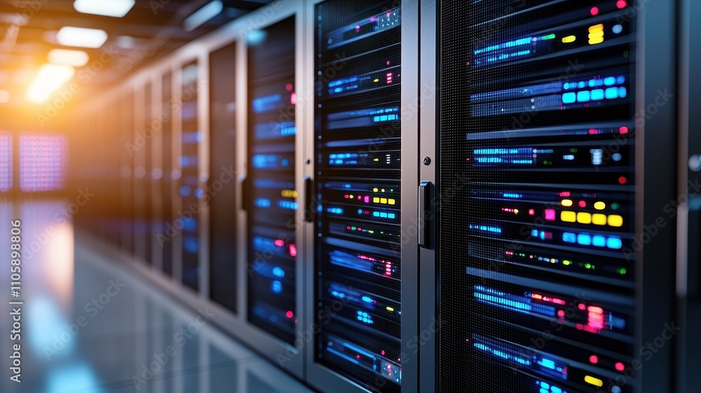 Poster high-tech data center with illuminated server racks and cables