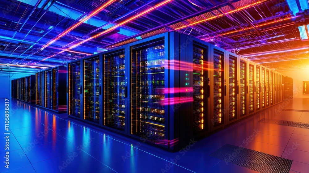 Poster futuristic data center with colorful lighting and server racks
