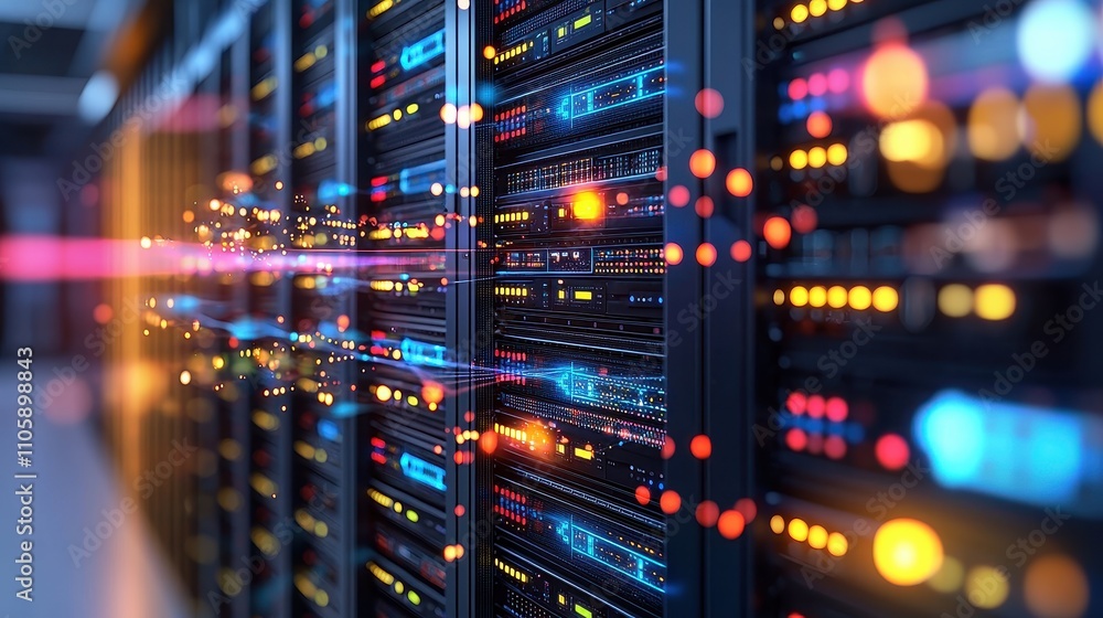 Poster data center technology with bright lights and server racks in focus