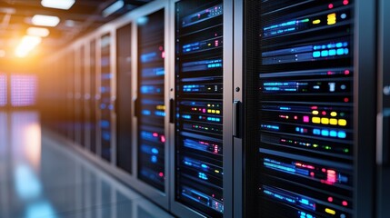Naklejka premium High-Tech Data Center with Illuminated Server Racks and Cables