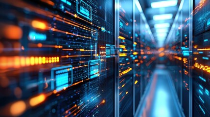 Futuristic Data Center with Light Trails and High-Tech Equipment