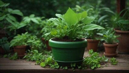 Healthy green plant in a large pot surrounded by smaller pots in a lush garden setting