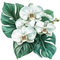Obraz premium Lush White Orchids and Monstera Leaves A Botanical Illustration.