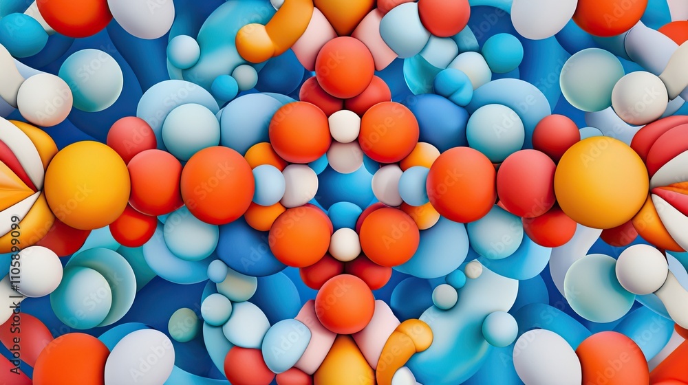 Poster vibrant abstract composition of colorful spheres and rounded shapes in a dynamic arrangement on a bl