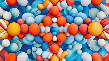 Vibrant Abstract Composition of Colorful Spheres and Rounded Shapes in a Dynamic Arrangement on a Blue Background