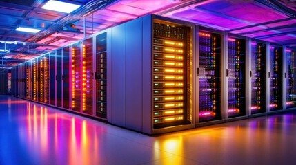 Vibrant Server Room with Colorful Lights and High-Tech Equipment