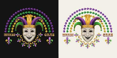 Rainbow label made with bead strings, Fleur de Lis sign, theatrical comedy face mask with jester harlequin hat Design element for Mardi Gras decoration.