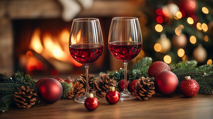 Two glasses of red wine by the fireplace, romantic Christmas ambiance