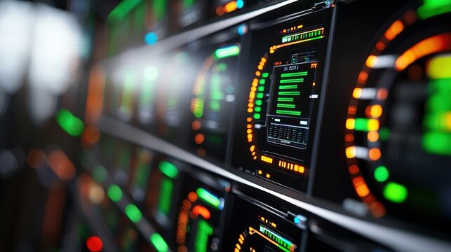 Futuristic Data Center with Colorful LED Display Panels and Metrics