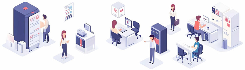 Isometric Illustration Office Workers Teamwork
