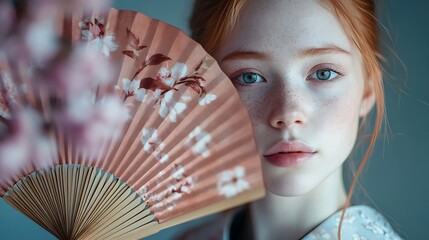 Japan Coming of Age Day, Thoughtful Young Woman Holding a Beautiful Fan