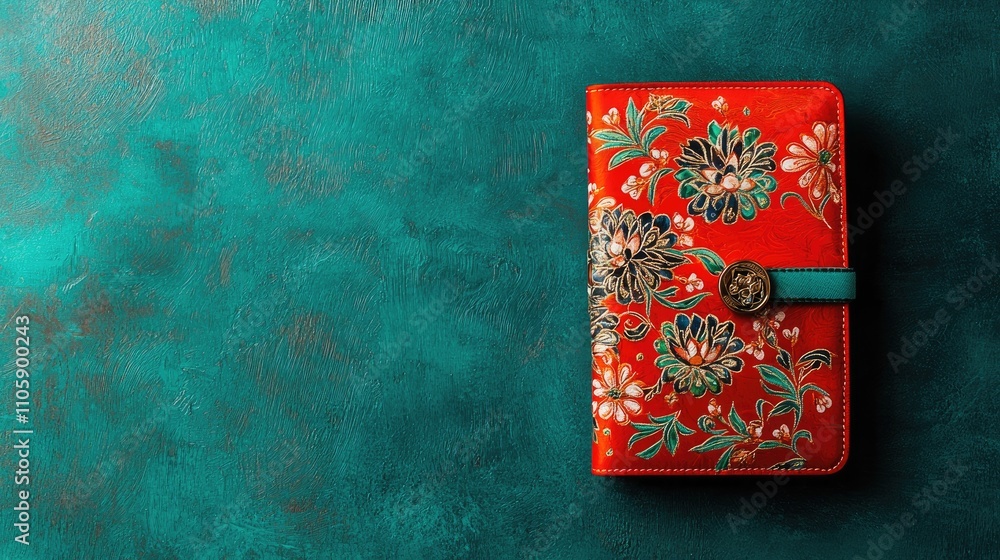 Poster brightly colored floral notebook on vibrant teal background creating a lively and artistic workspace