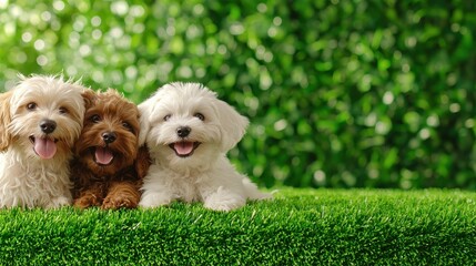 Adorable Dogs in Green Grass with Vibrant Blurred Background