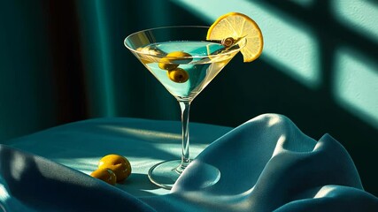 Gin martini with olive garnish and blue napkin. - Powered by Adobe