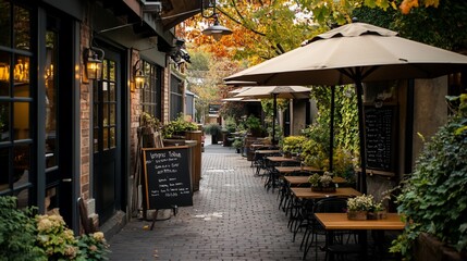 Quaint alleyway cafe with autumnal ambiance.