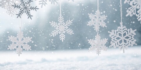 Winter Wonderland Delicate Snowflake Ornaments Hanging in a Snowy Scene