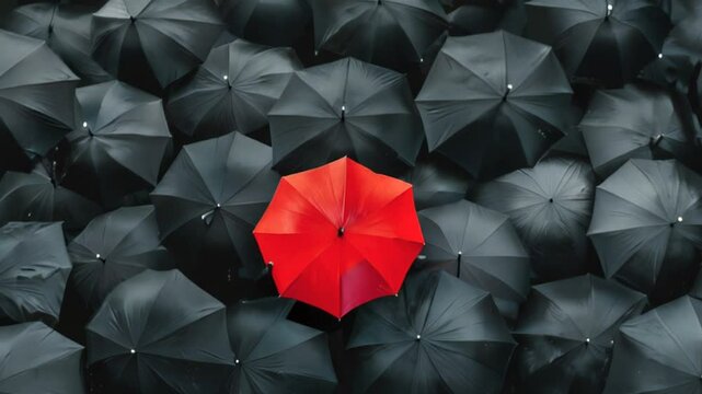 red umbrella stands out in a crowd of black umbrellas. concept of individuality and leadership