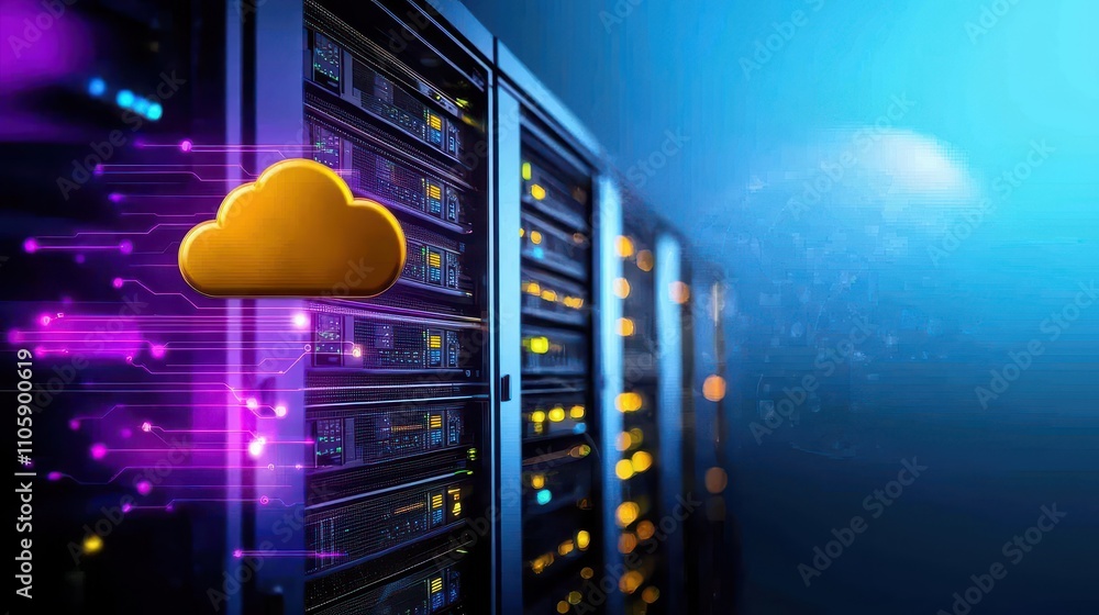 Poster data center with cloud computing concept and server technology