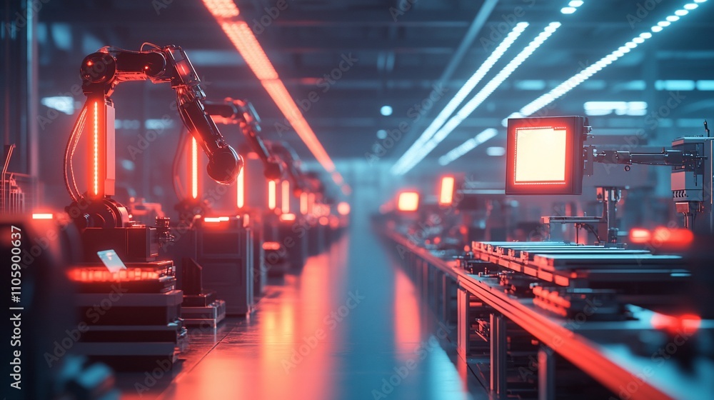 Poster Automated robotic assembly line in futuristic factory.