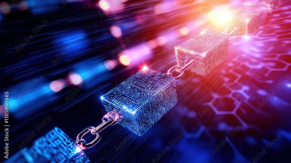Poster futuristic blockchain technology concept with digital chains