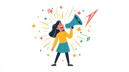 Vibrant Woman Celebrating with Megaphone in Colorful Digital