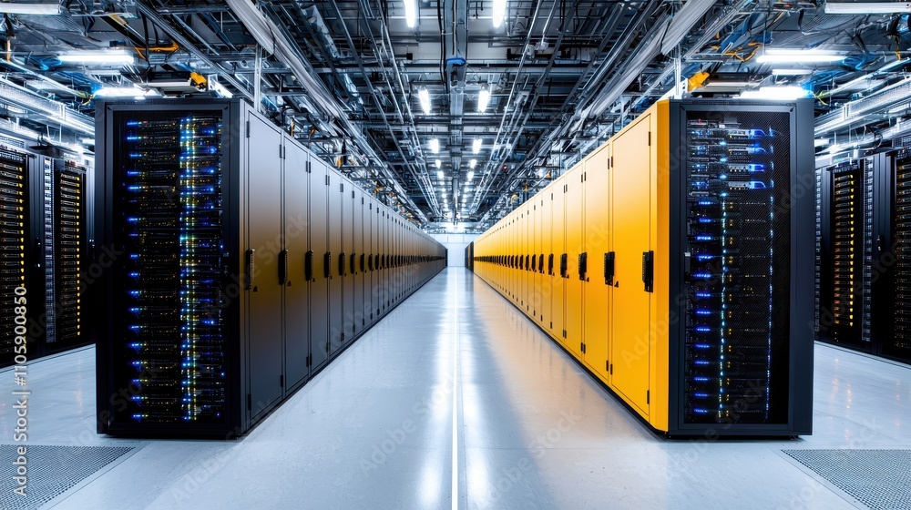 Poster modern data center with server racks in high-tech environment