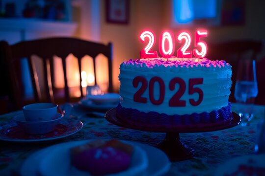 Celebration of New Year 2025 with Colorful Cake and Sparkling Candles in Cozy Ambient Lighting, Representing Hope and New Beginnings for the Upcoming Year