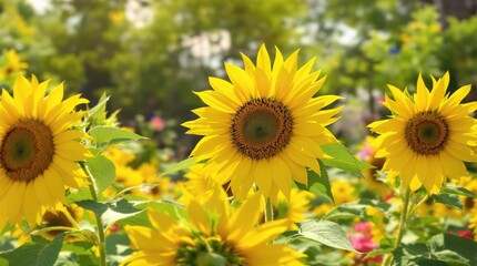 Obraz premium Sunflowers in a garden setting with lush greenery and vibrant colors, watercolor, landscape, nature, outdoor