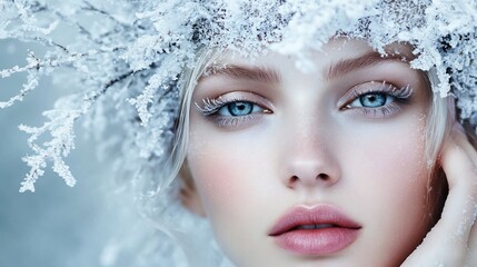 Beautiful woman with winter crown and frosted makeup.
