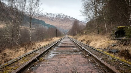 Fototapeta premium Abandoned rail platform in the countryside, surrounded by leafless trees and snow-dusted hills