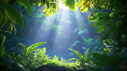Lush Green Jungle with Sunlight Streaming Through Dense Foliage