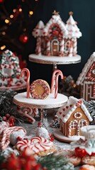 Naklejka premium A bakery-inspired Christmas setup with podiums made of frosted cookies surrounded by candy canes and gingerbread houses.