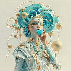  A cute girl with blue hair and golden makeup, holding heart-shaped lollipops in her hands