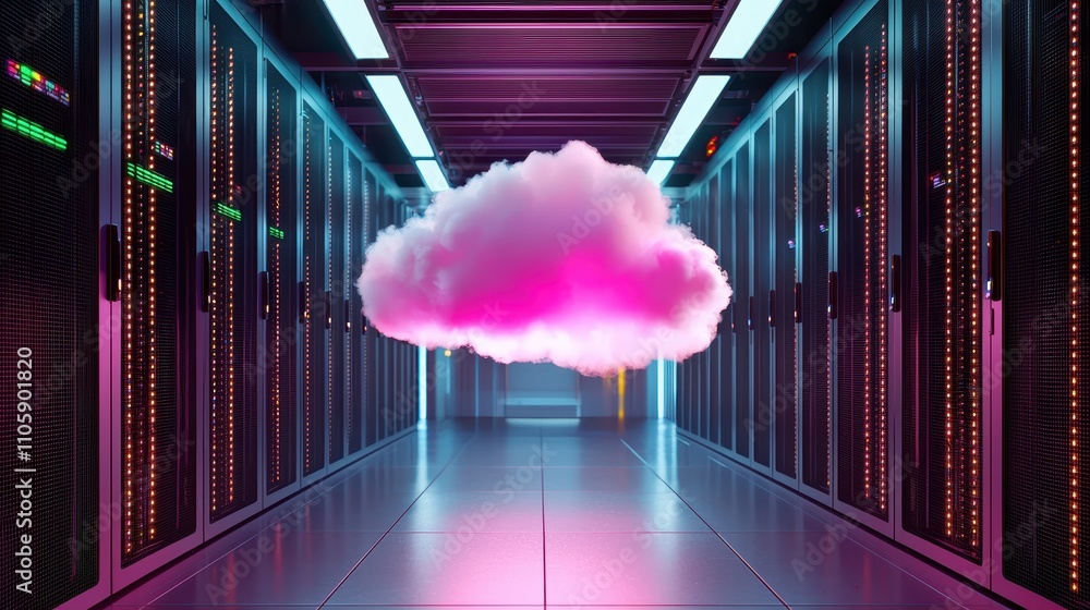 Poster digital cloud above server racks in futuristic data center environment