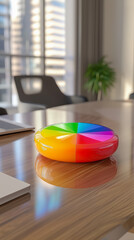 A vibrant, segmented colorful toy sits on a polished wooden desk, surrounded by a sleek office environment. Perfect for stress relief and creative stimulation.
