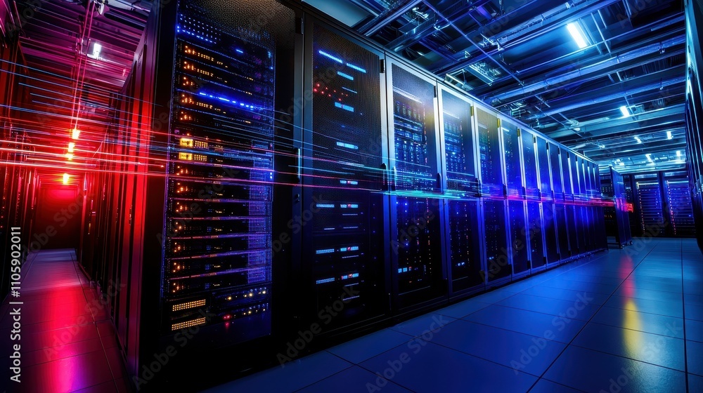 Poster high-tech data center with colorful lighting and server racks