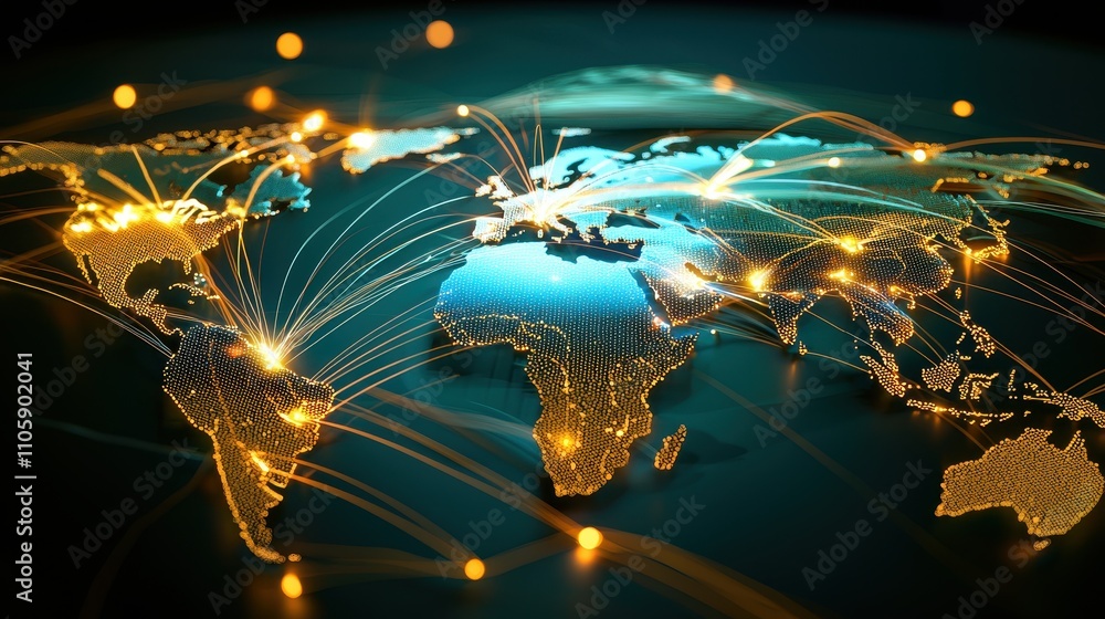 Poster global connectivity concept with light network connections and map