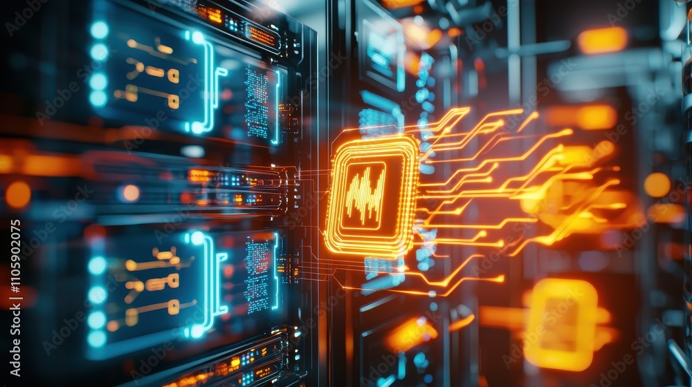 Poster digital data flow with server racks and neon circuit patterns